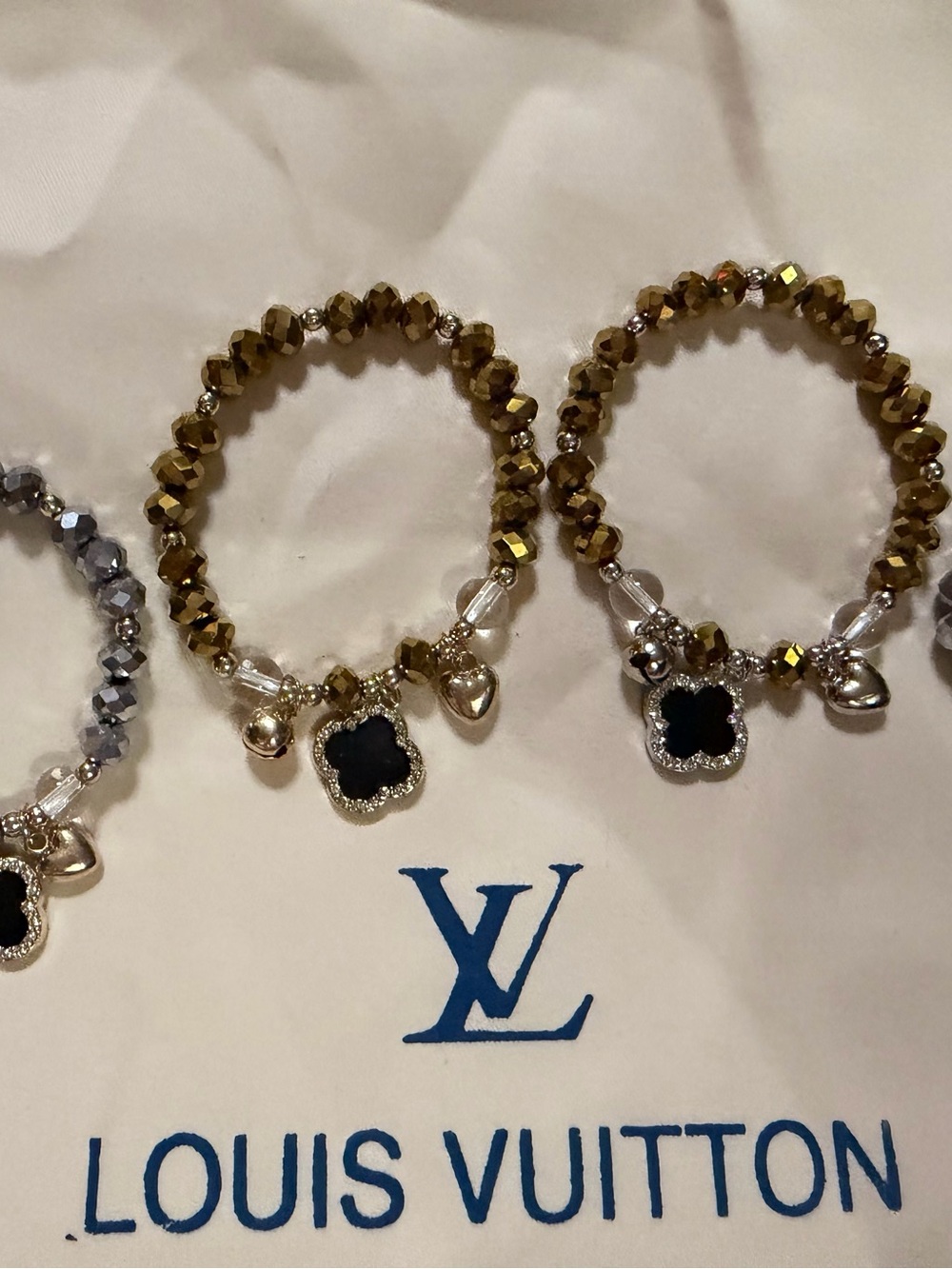 Gold-Tone Crystal Stretch Bracelet with Black Clover Charm